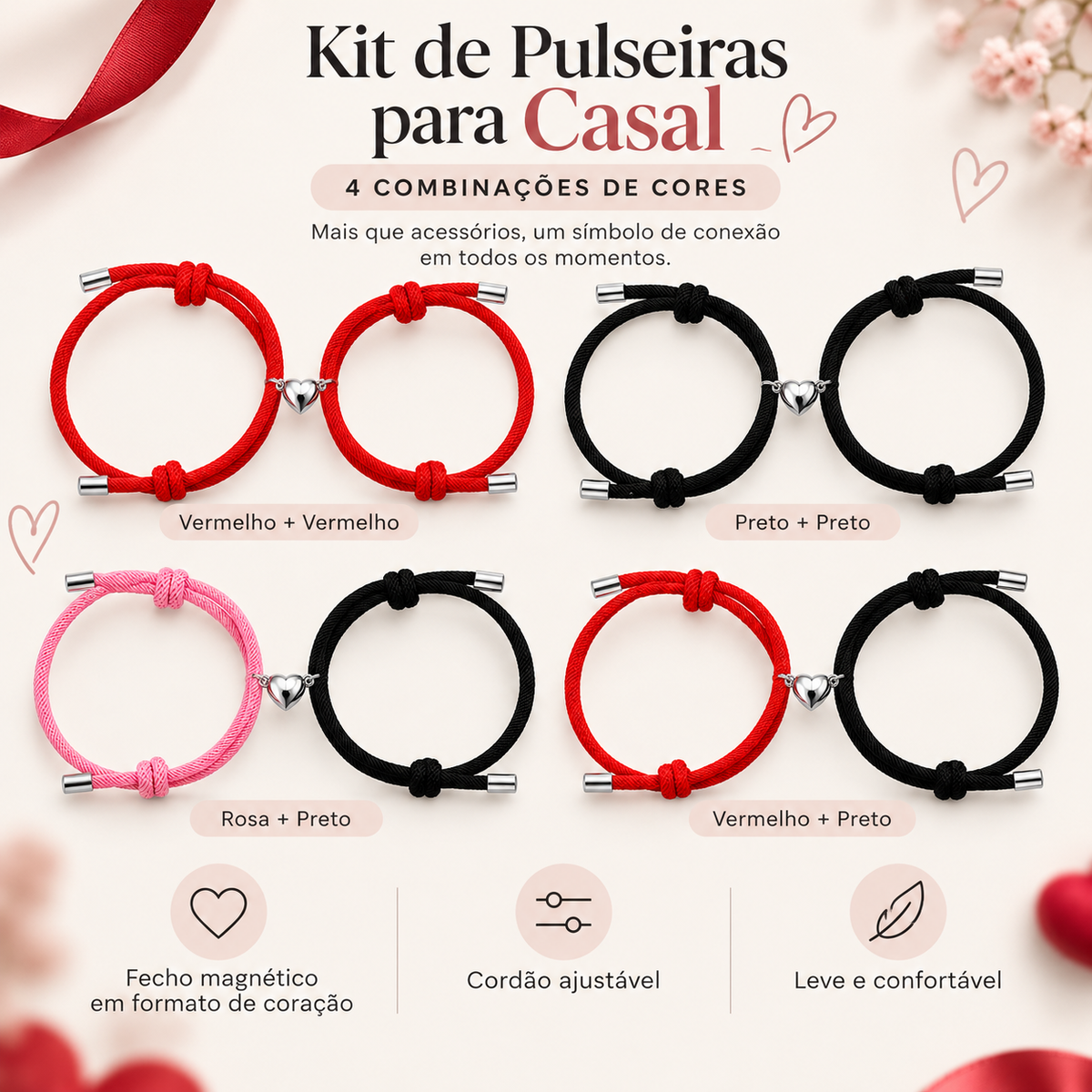 Kit de Pulseiras para Casal com Coração Magnético