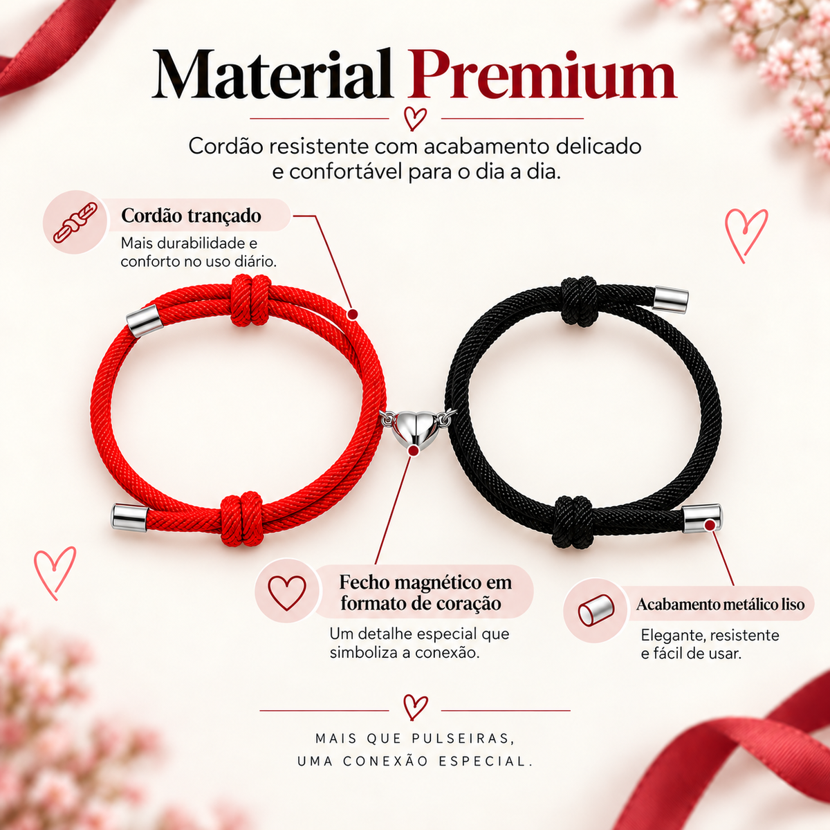 Kit de Pulseiras para Casal com Coração Magnético