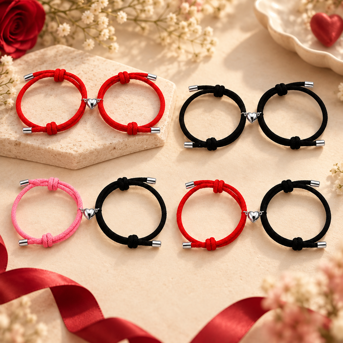 Kit de Pulseiras para Casal com Coração Magnético