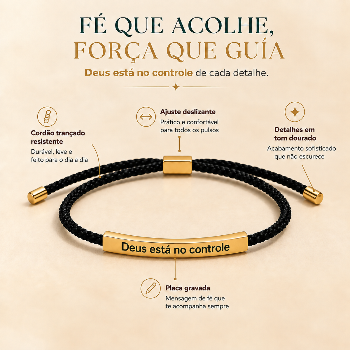 Pulseira de Corda Trançada – Deus Está no Controle