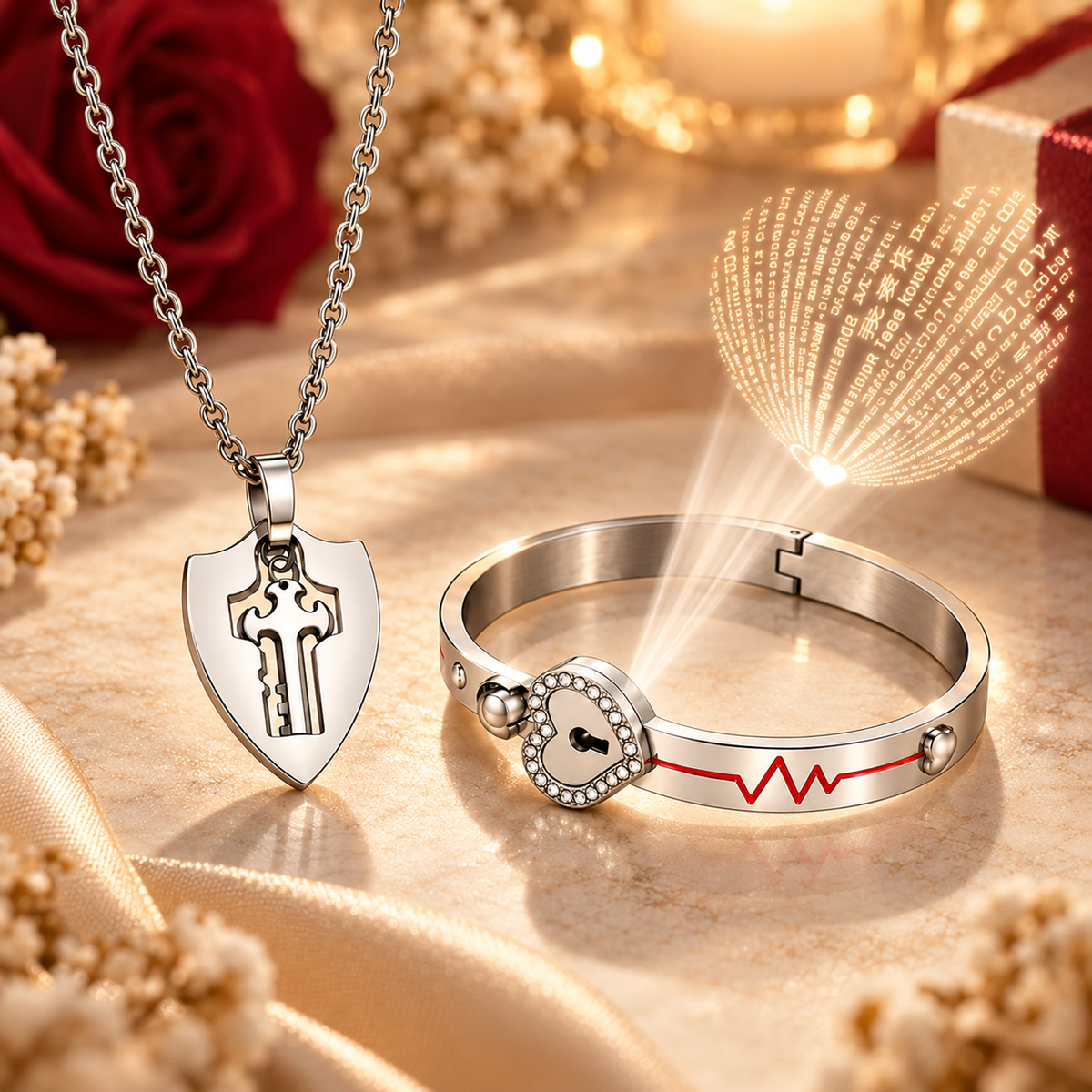 Conjunto Colar e Pulseira Chave e Coração com Projeção