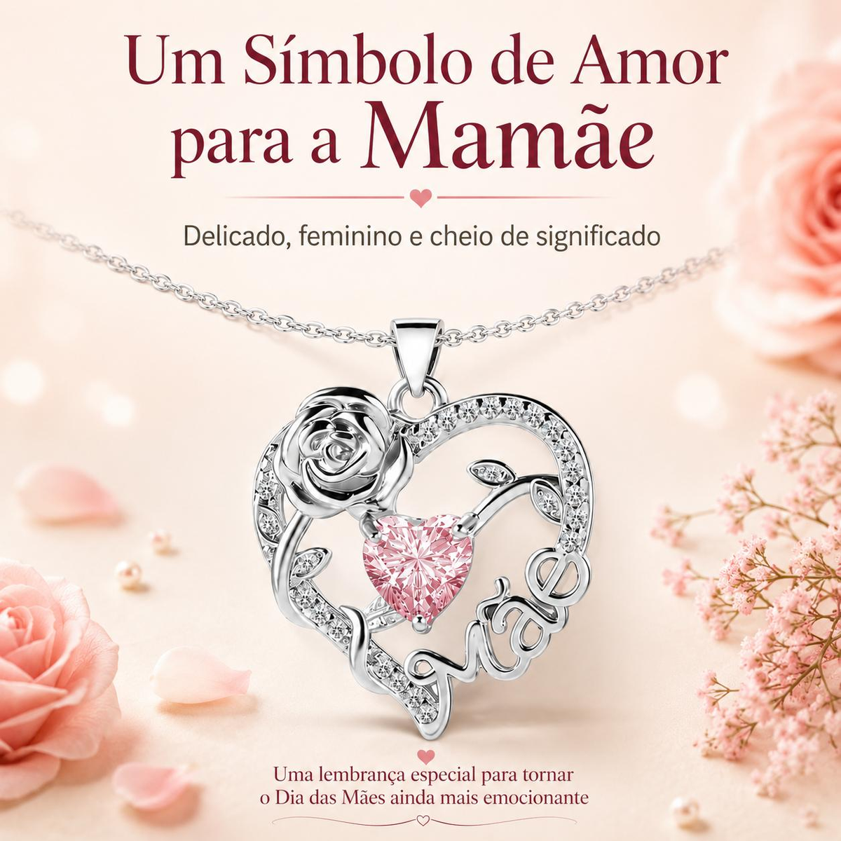 Colar de Coração com Rosa para Mãe