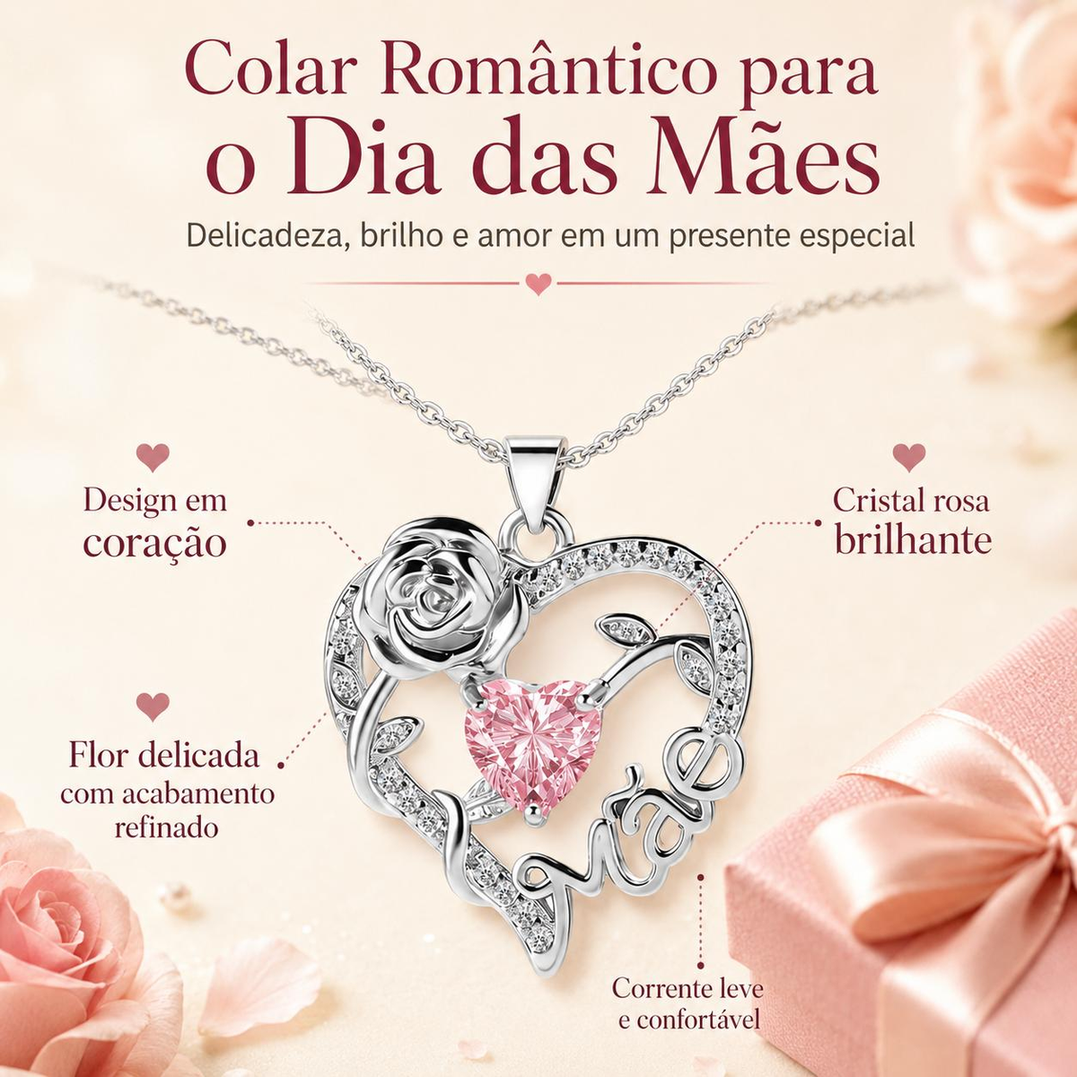 Colar de Coração com Rosa para Mãe