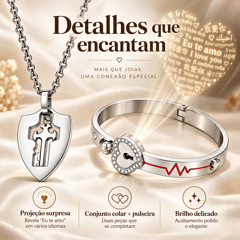 Conjunto Colar e Pulseira Chave e Coração com Projeção