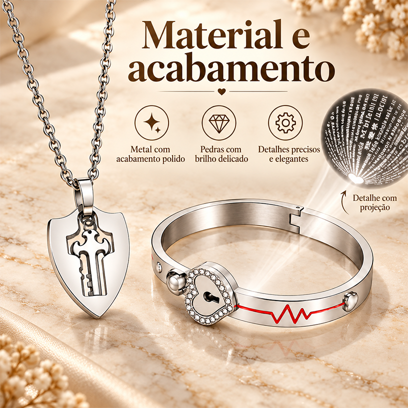 Conjunto Colar e Pulseira Chave e Coração com Projeção