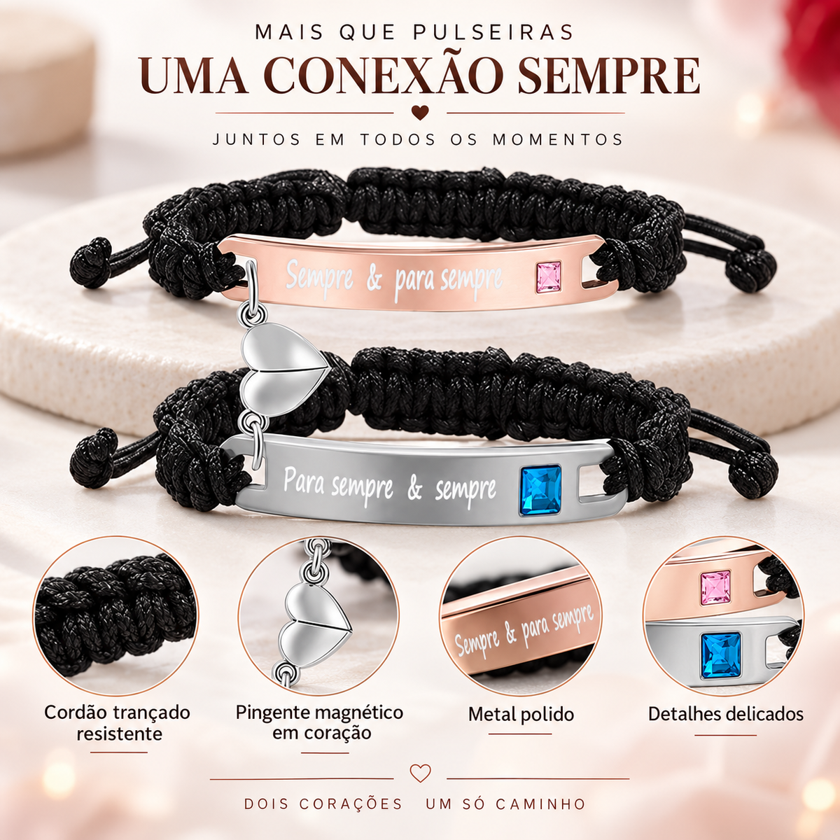 Kit de Pulseiras Magnéticas para Casal – Para Sempre & Sempre