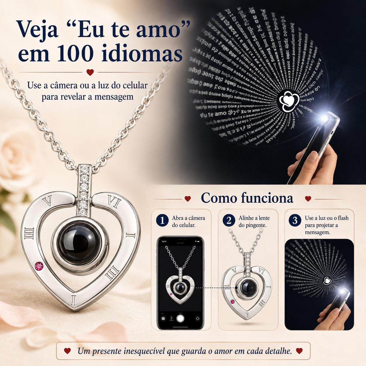 Colar de Coração com Projeção e Algarismos Romanos