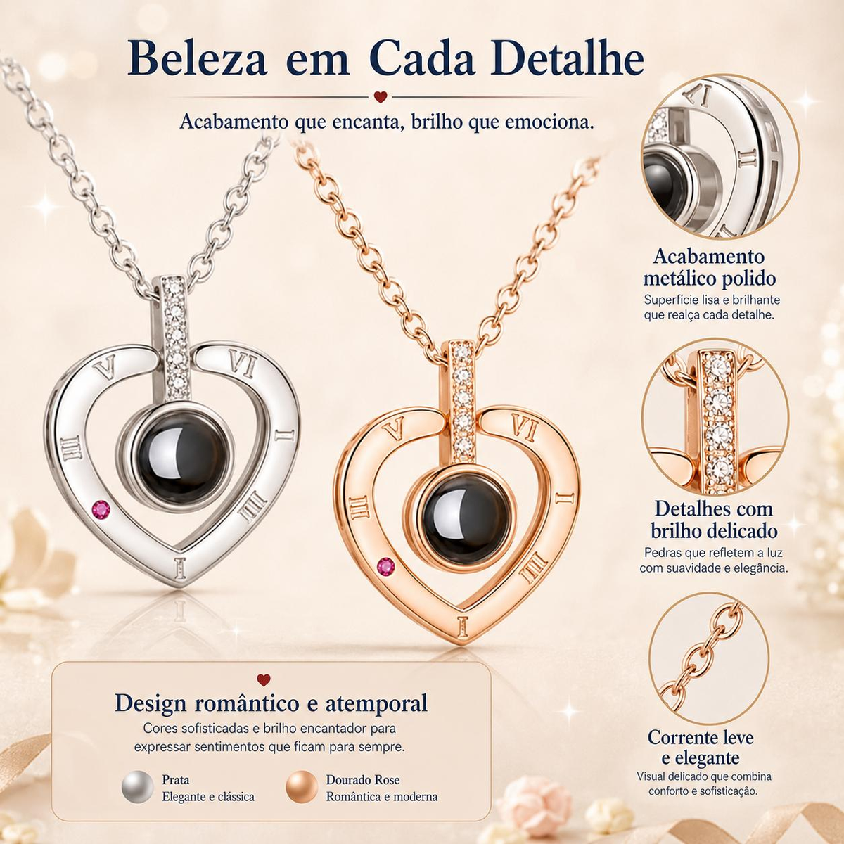 Colar de Coração com Projeção e Algarismos Romanos