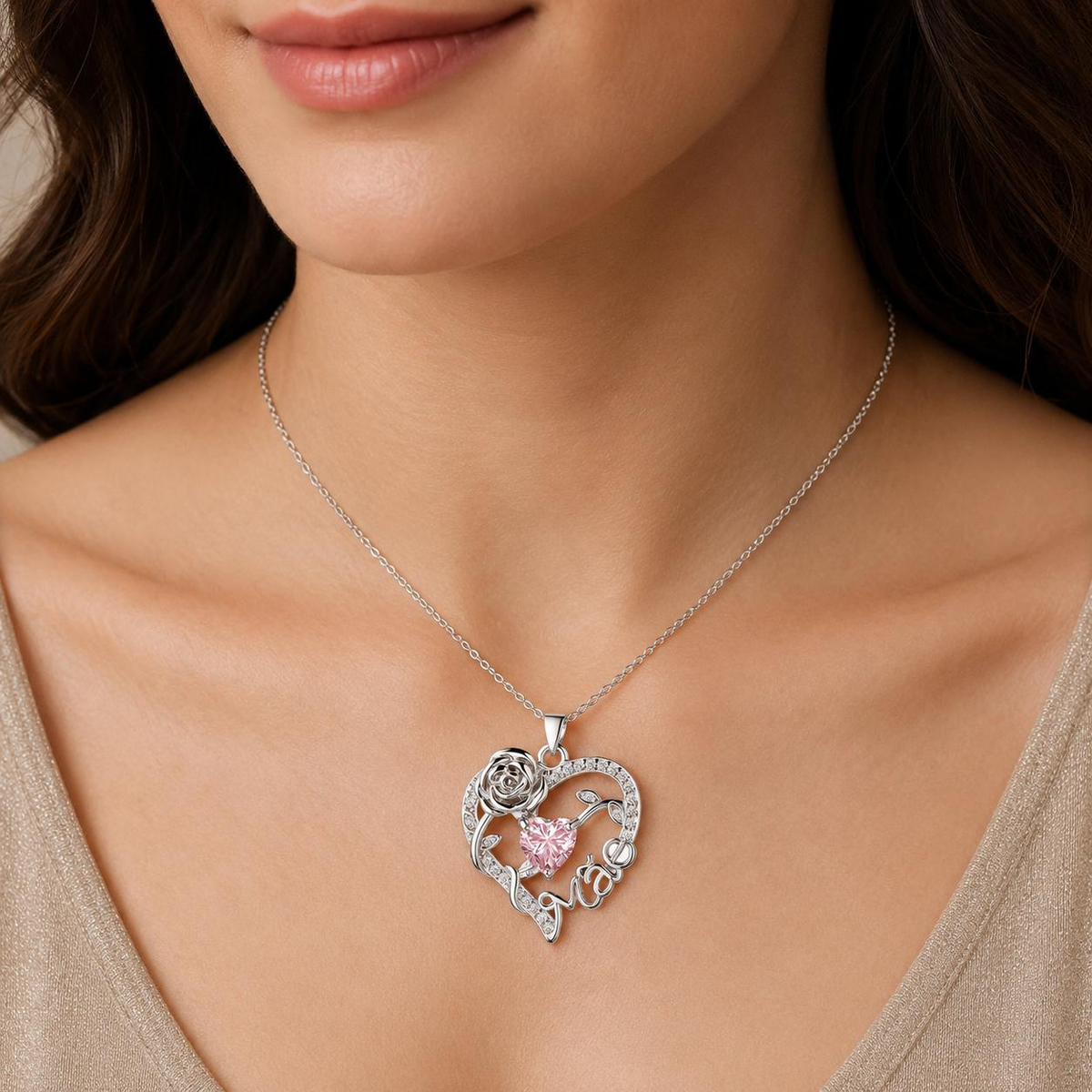 Colar de Coração com Rosa para Mãe