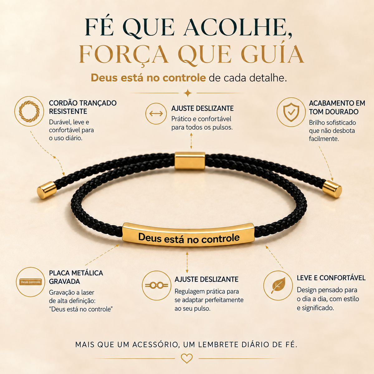 Pulseira de Corda Trançada – Deus Está no Controle