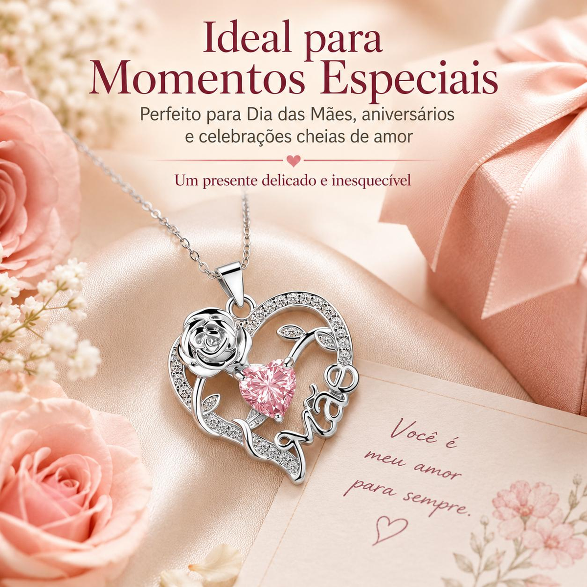 Colar de Coração com Rosa para Mãe