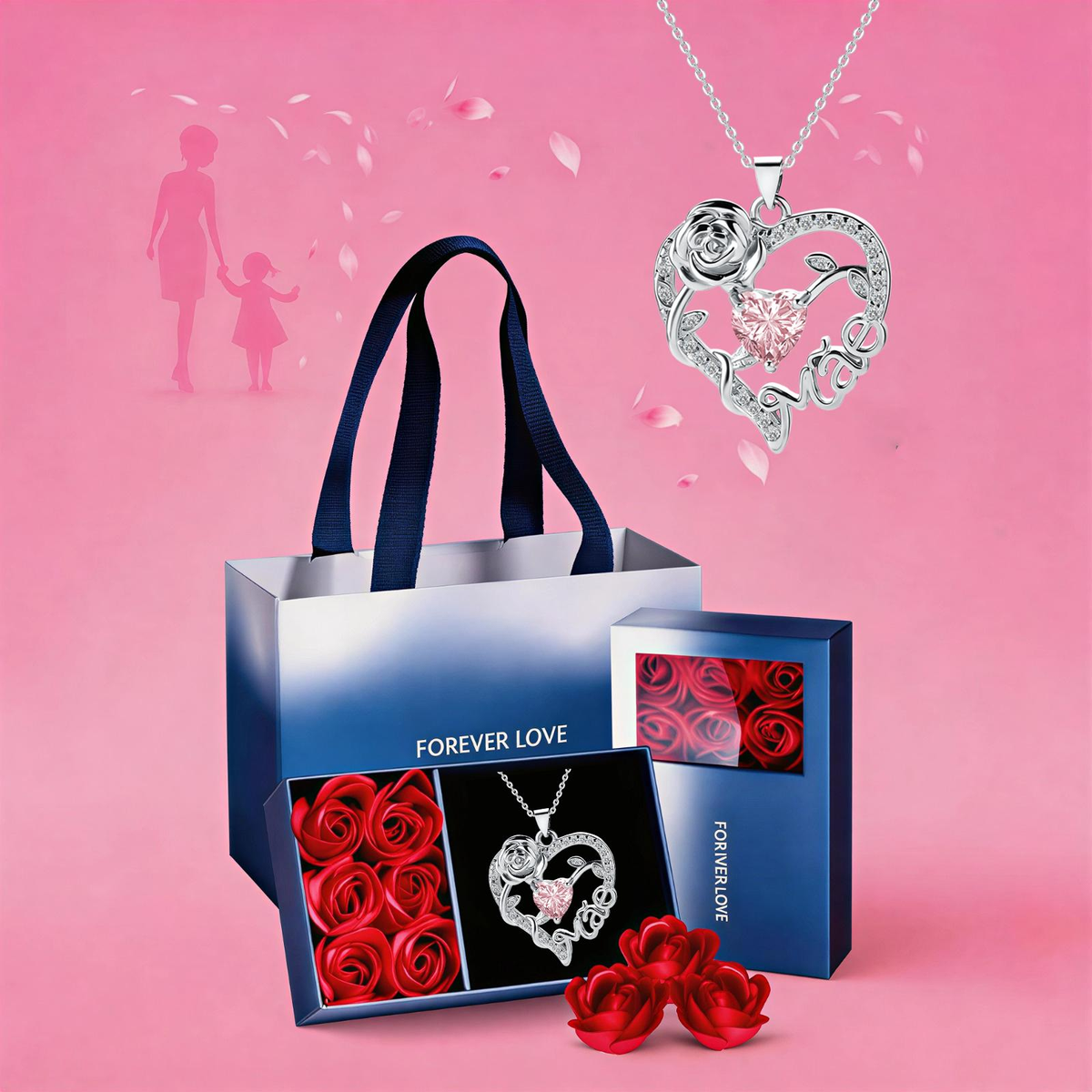 Colar de Coração com Rosa para Mãe