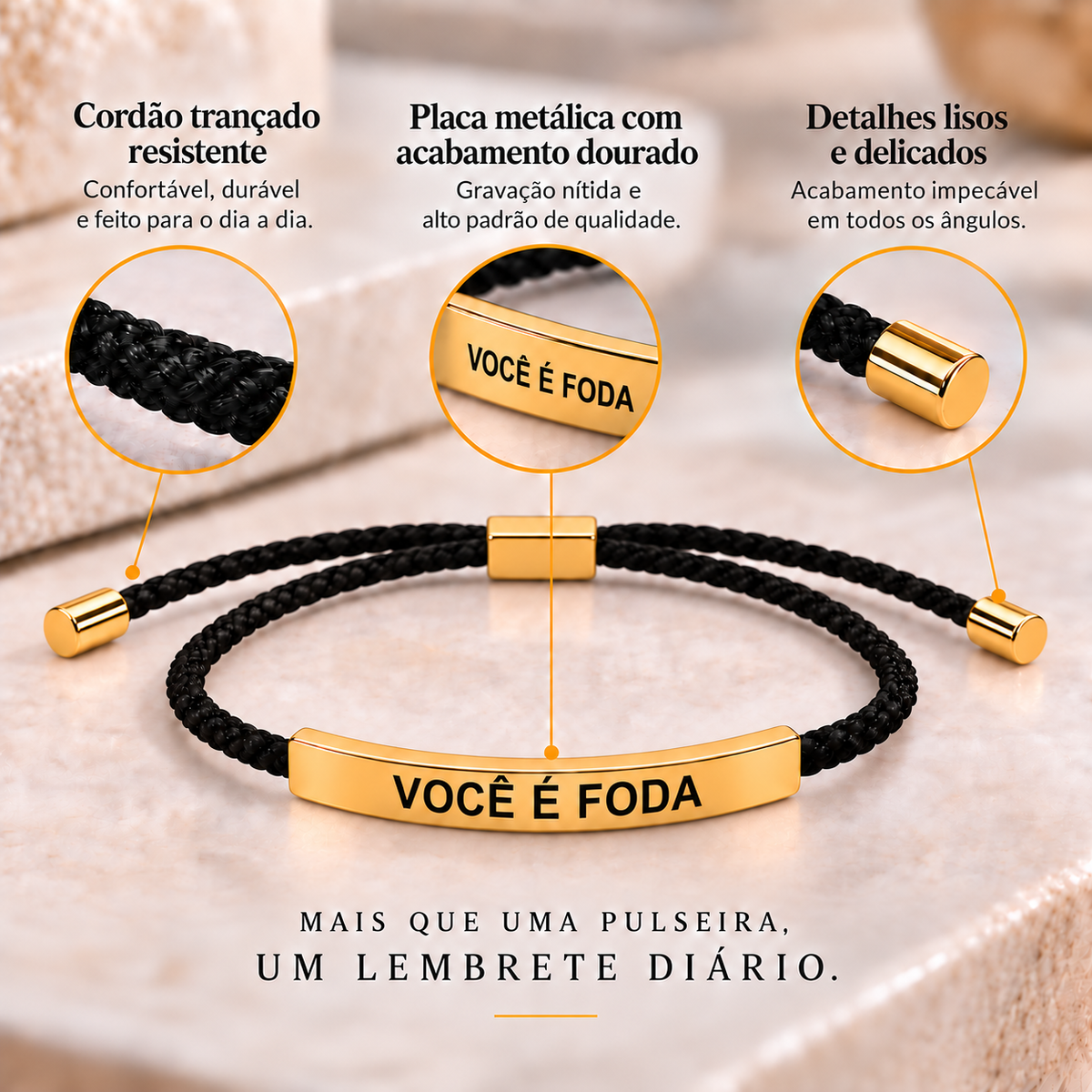 Pulseira de Corda com Gravação – Modelo Ajustável